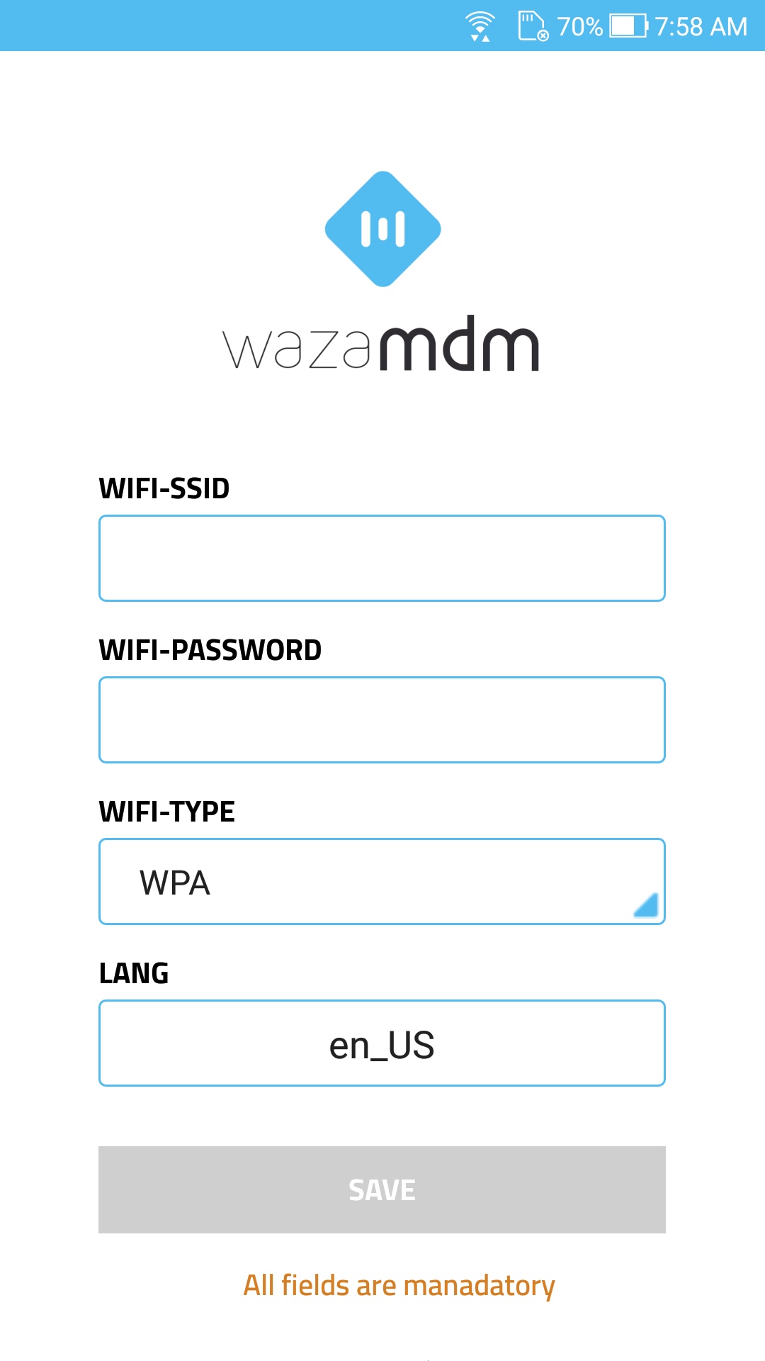 WaZa MDM - NFC Enrollment Application Screenshot