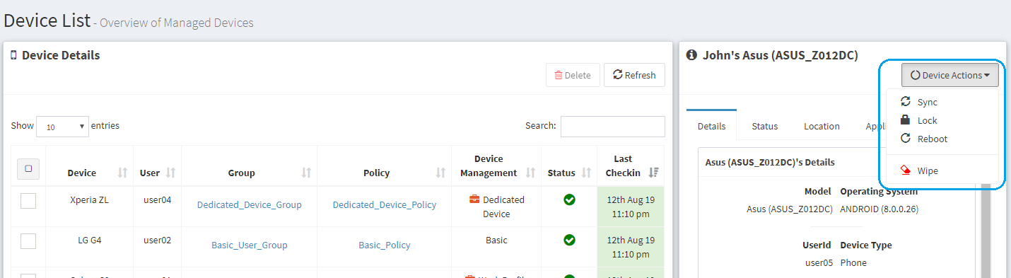 WaZa MDM Mobile Device Options