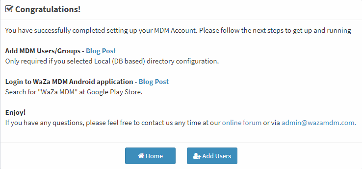 WaZa Mobile Device Management Setup Complete